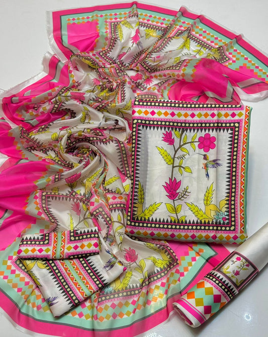 3 PIECE - SHAMOZE SILK FLORAL PRINT SUIT. (UNSTITCHED) (#10103)