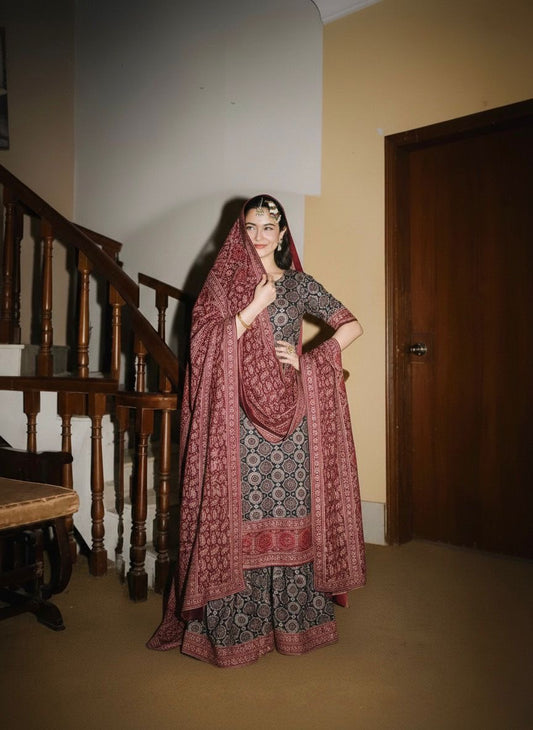 3 PIECE - AJRAK PRINT SILK SUIT (UNSTITCHED) (#10093)