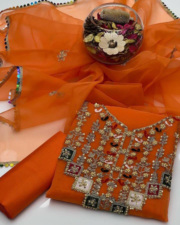 Aari Work on Organza 3pc Dress ๐