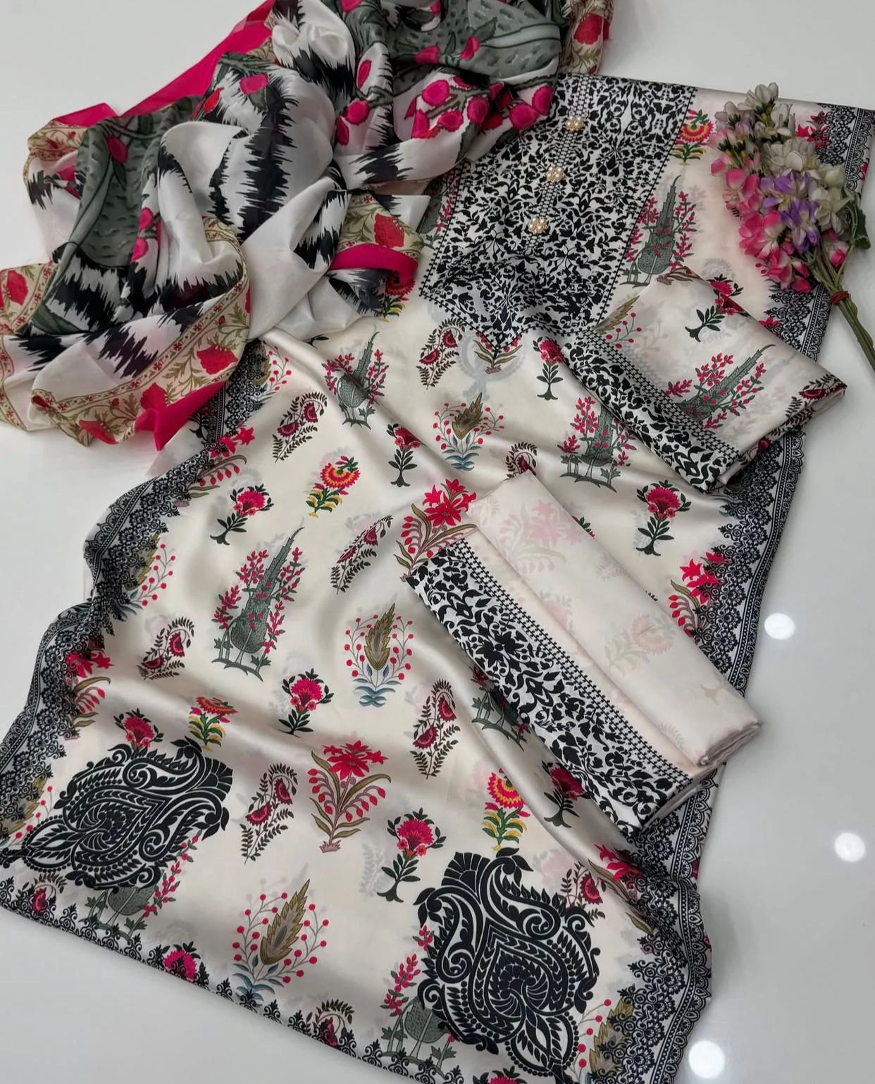 3 PIECE - SHAMOZE SILK DIGITAL PRINT SUIT (UNSTITCHED) (Ajwa15113)