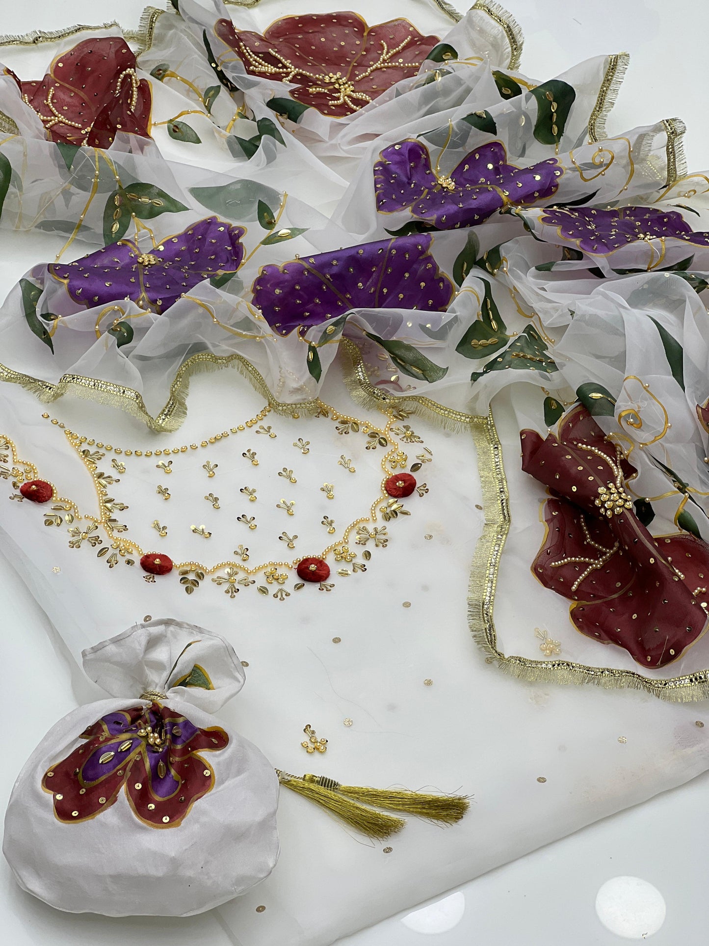 Organza Bursh Paint with zari work 4pc Dress ๐