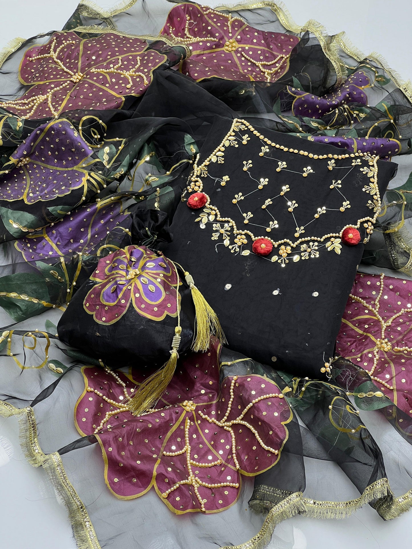 Organza Bursh Paint with zari work 4pc Dress ๐