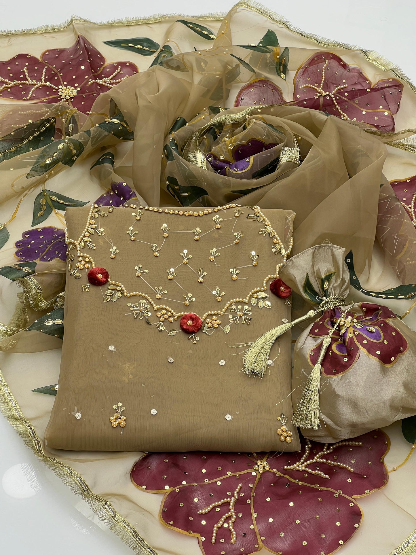 Organza Bursh Paint with zari work 4pc Dress ๐