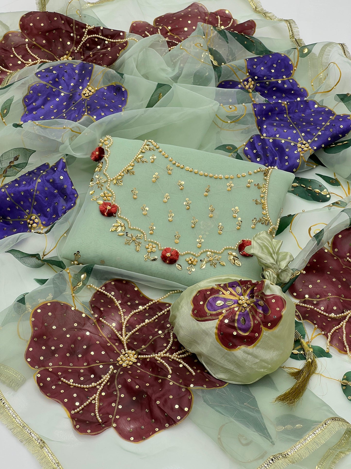 Organza Bursh Paint with zari work 4pc Dress ๐