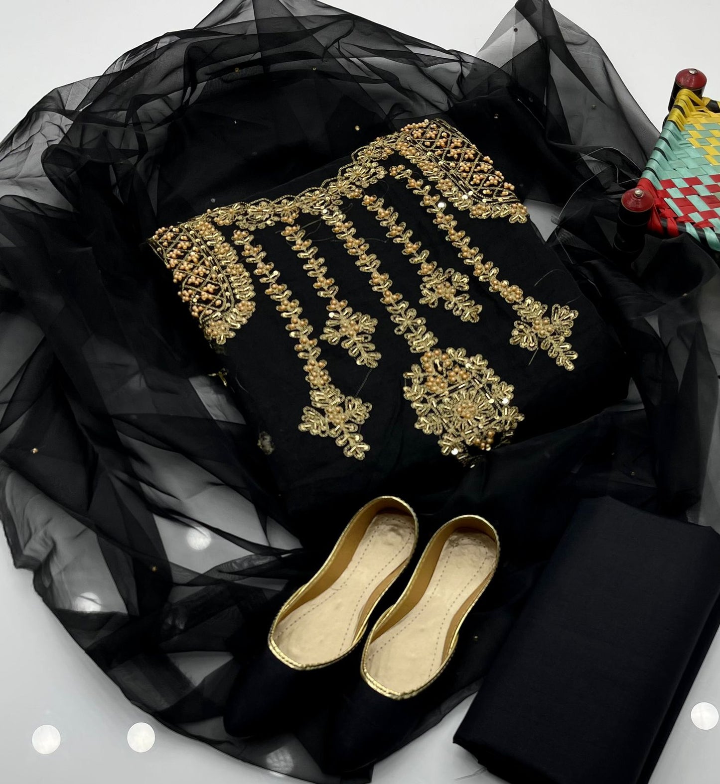 4 Pcs Dress Handmade Shirt , Kundan Dupatta , Trouser & Khussa