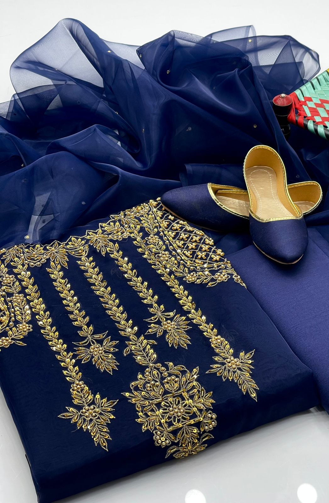 4 Pcs Dress Handmade Shirt , Kundan Dupatta , Trouser & Khussa