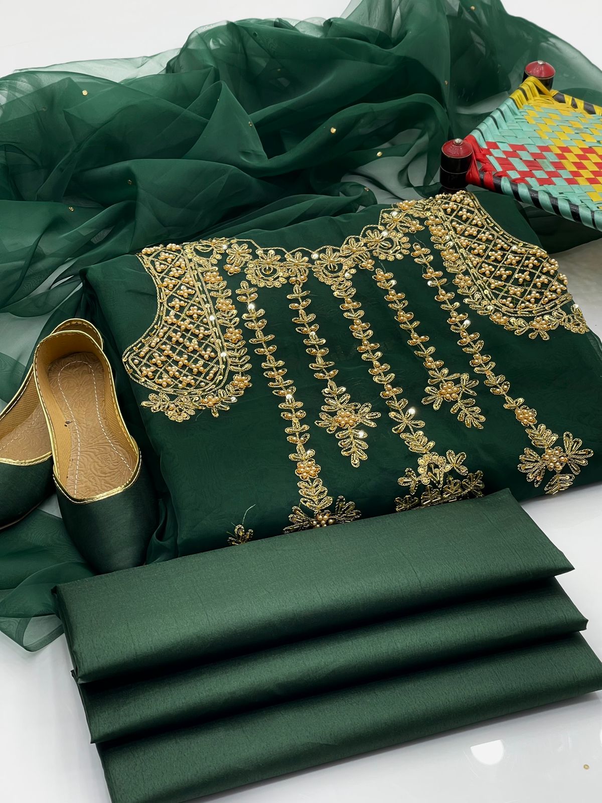 4 Pcs Dress Handmade Shirt , Kundan Dupatta , Trouser & Khussa