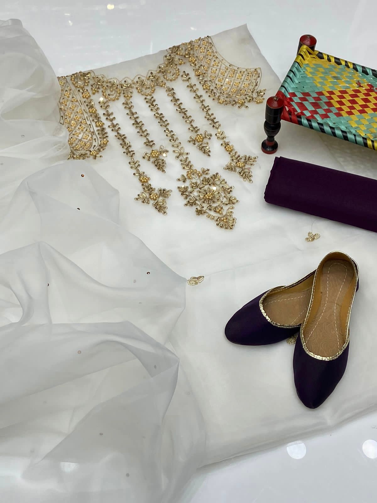 4 Pcs Dress Handmade Shirt , Kundan Dupatta , Trouser & Khussa