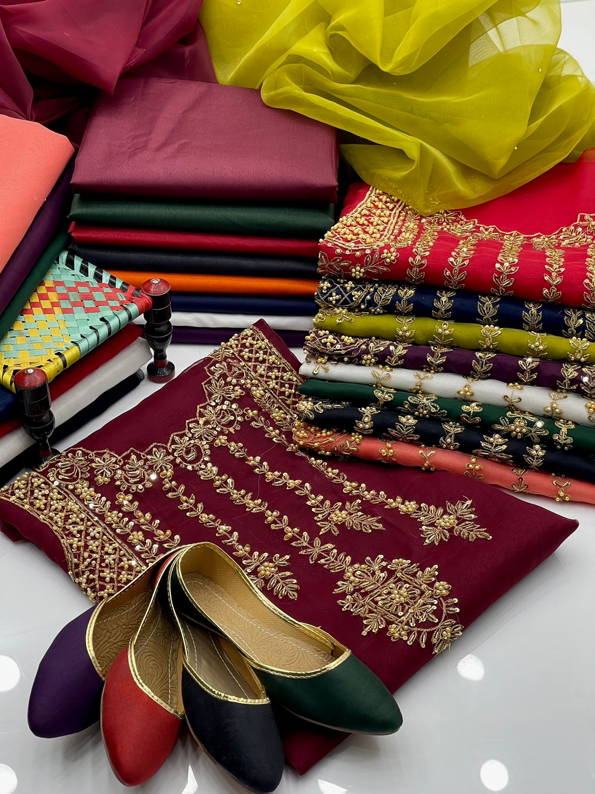 4 Pcs Dress Handmade Shirt , Kundan Dupatta , Trouser & Khussa
