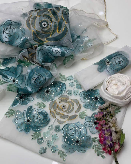 3 Pc Dress Handmade Oil Painted 🎨 With Handwork (#10246)