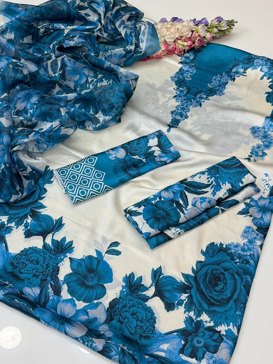 3 PIECE — SHAMOZE SILK PRINT SUIT (UNSTITCHED)  (Ajwa15128)