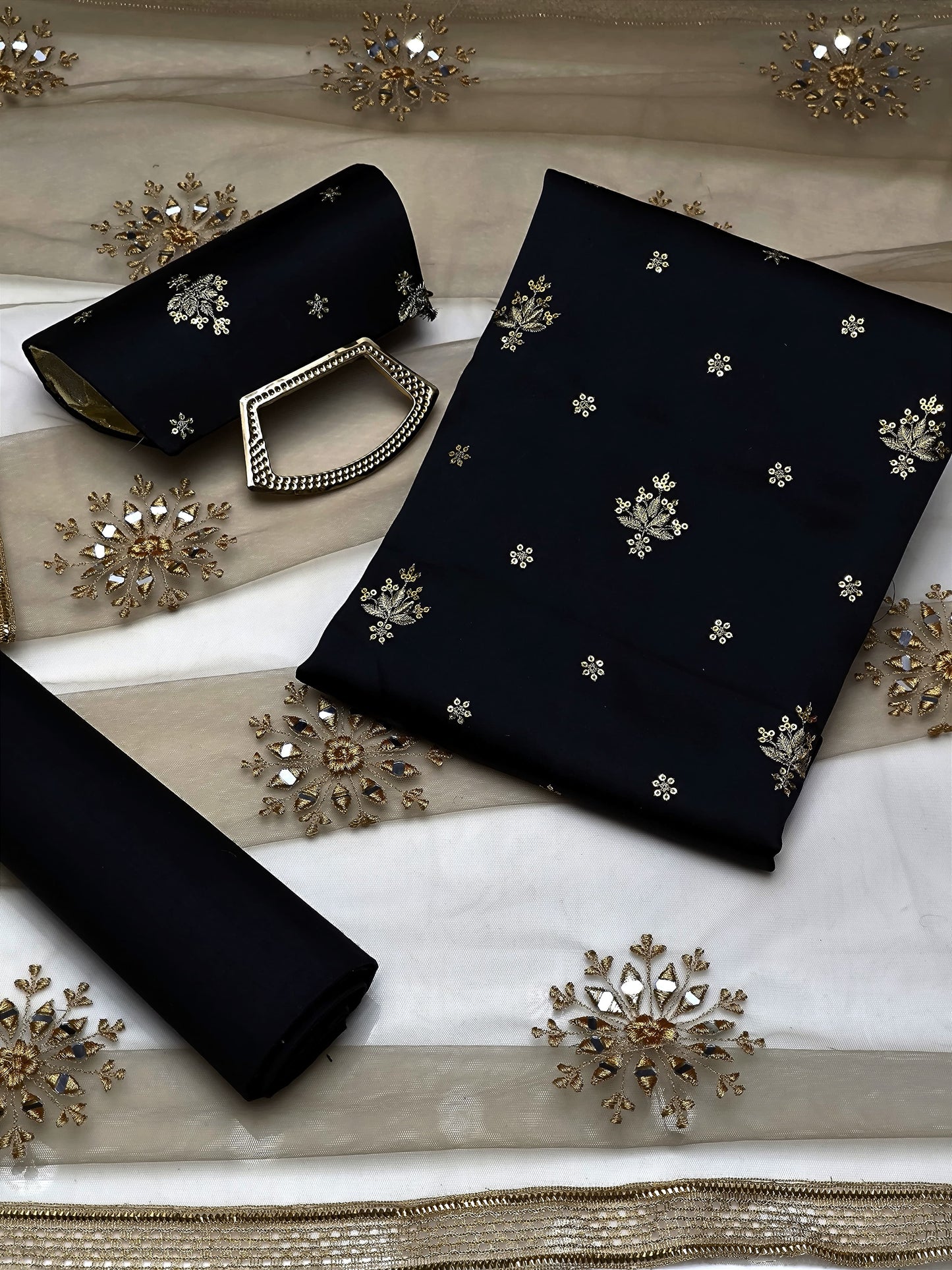 4 PIECE - SHAMOZ SILK EMBROIDERED SHIRT WITH MATCHING CLUTCH.