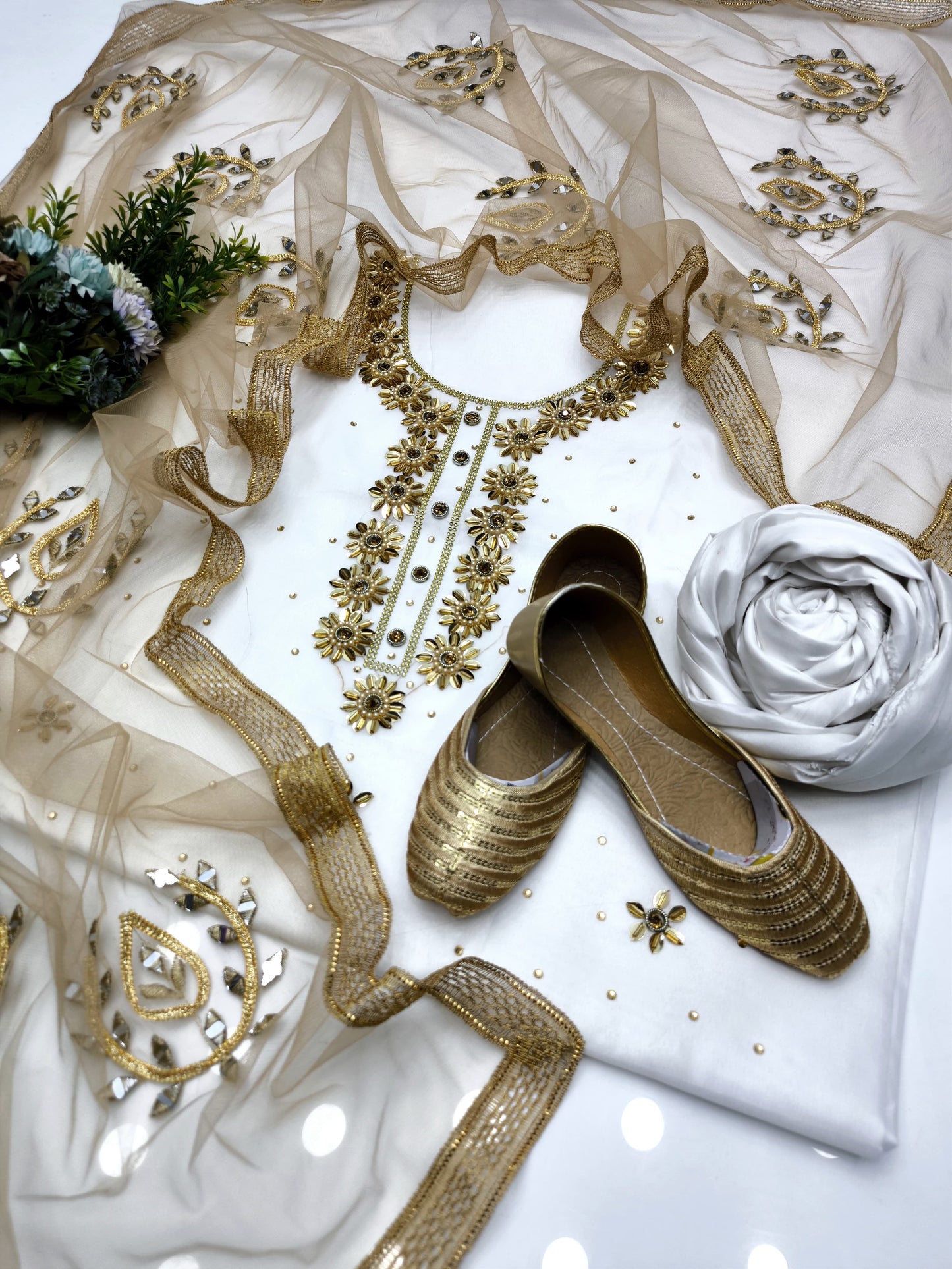 4 PIECE - KATAN SILK BEADS WORK SUIT.