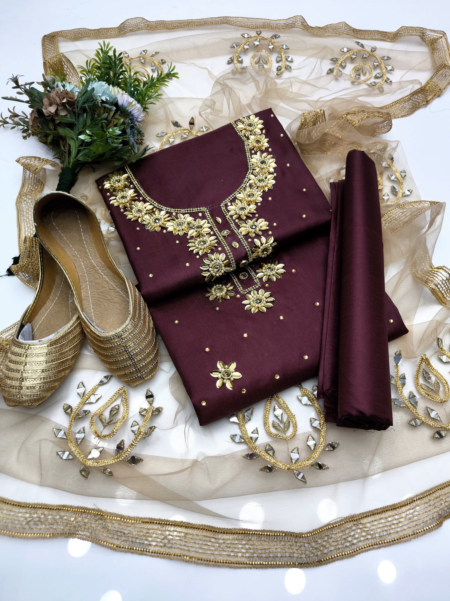 4 PIECE - KATAN SILK BEADS WORK SUIT.