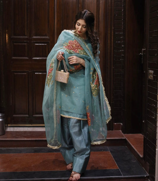 Bursh Paint & beats work on organza 3pc Dress 👗