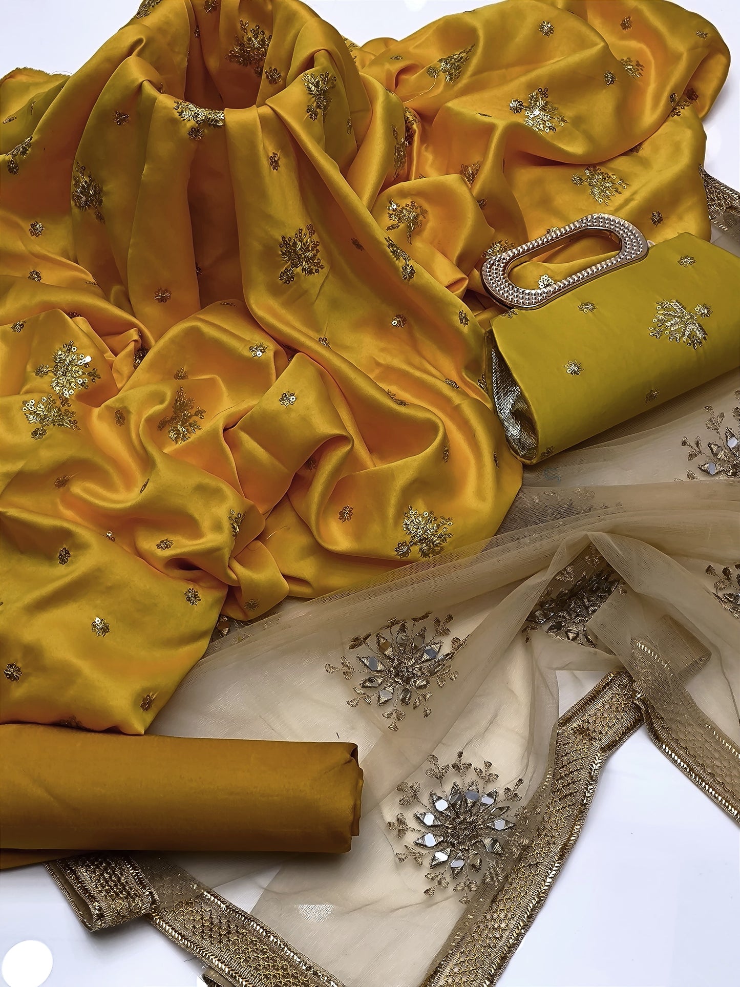 4 PIECE - SHAMOZ SILK EMBROIDERED SHIRT WITH MATCHING CLUTCH.