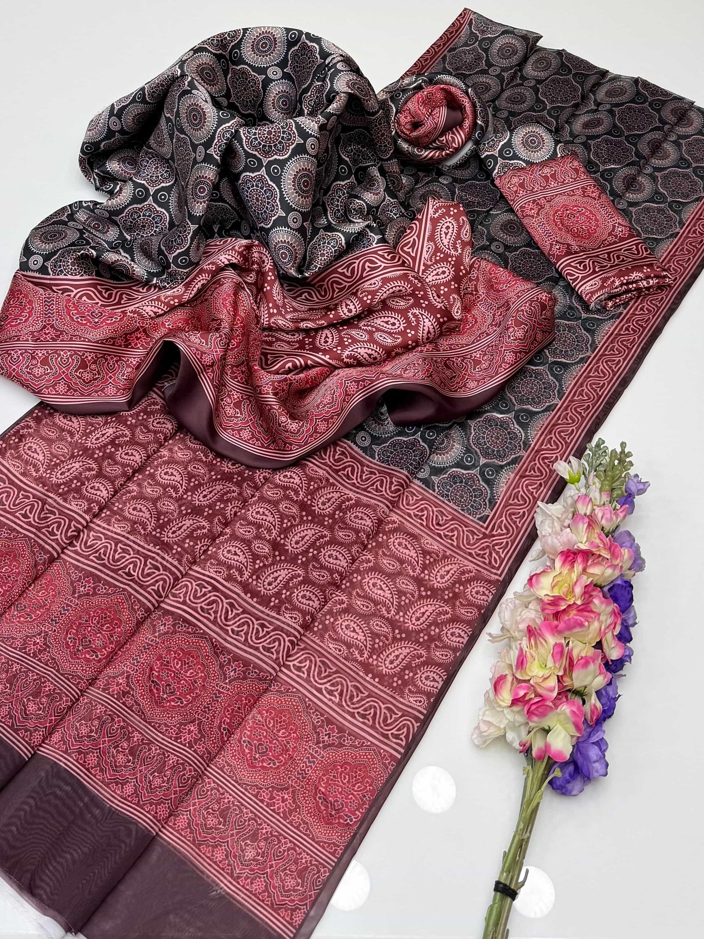 3 PIECE - AJRAK PRINT SILK SUIT