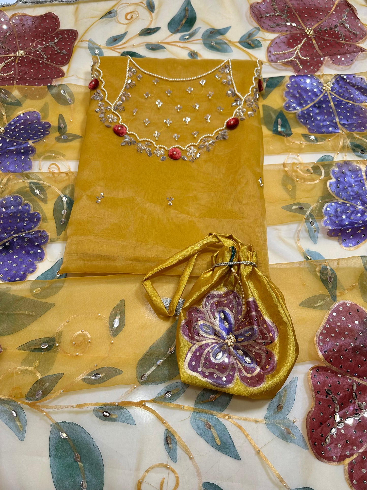 Organza Bursh Paint with zari work 4pc Dress 👗