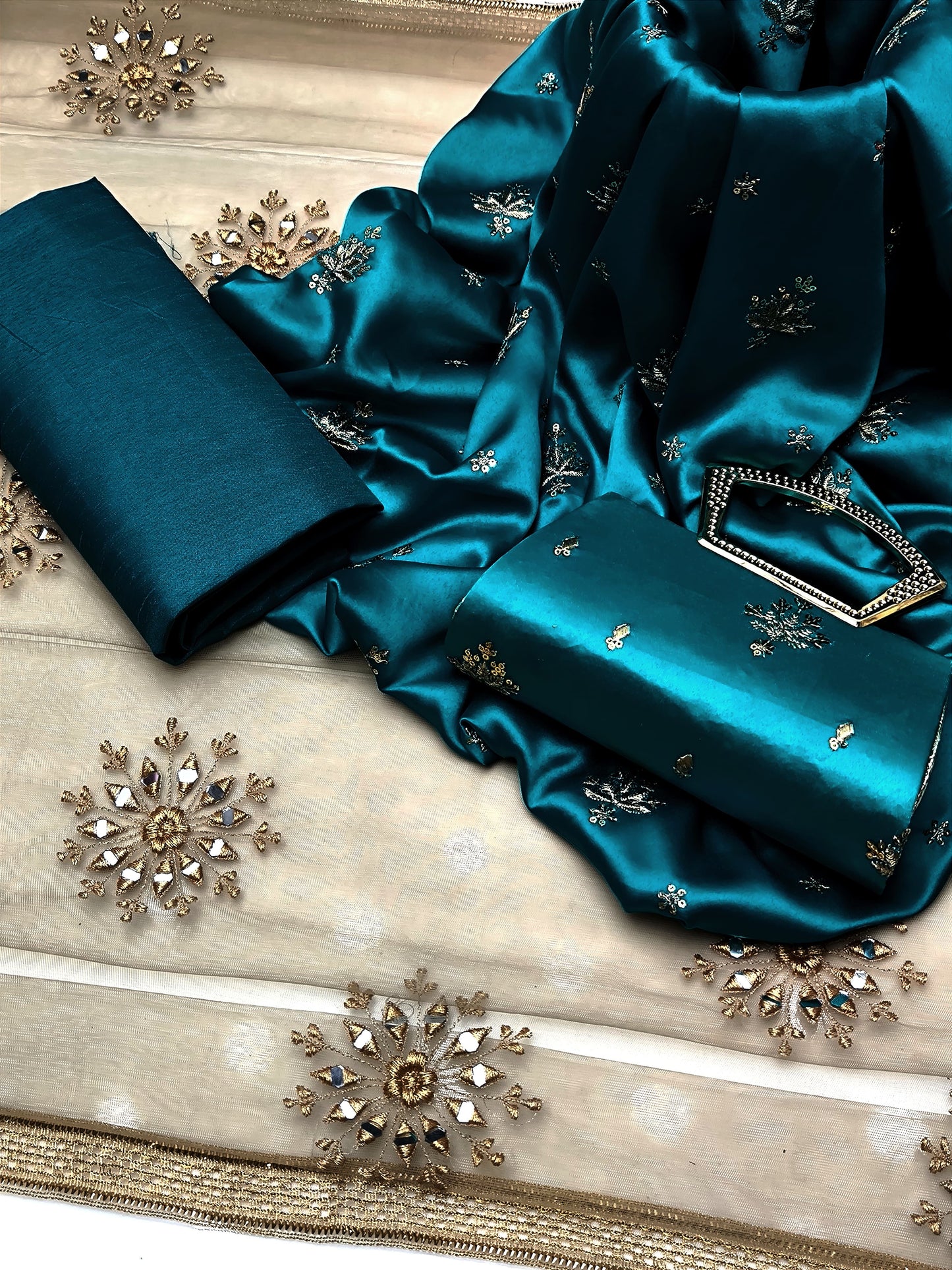 4 PIECE - SHAMOZ SILK EMBROIDERED SHIRT WITH MATCHING CLUTCH.