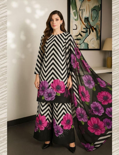 3 PIECE -SHAMOZ SILK SUIT            (digital print) (Ajwa15143)