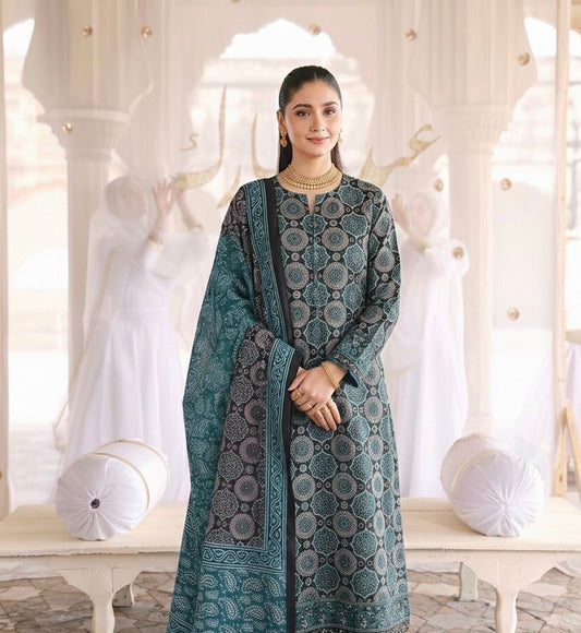 3 PIECE - AJRAK PRINT SILK SUIT (UNSTITCHED)  (Ajwa10896)