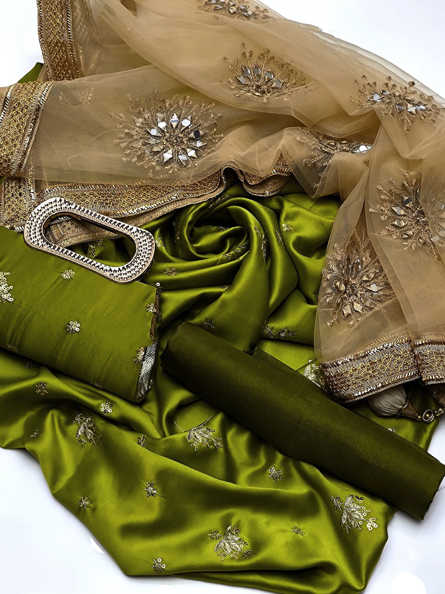 4 PIECE - SHAMOZ SILK EMBROIDERED SHIRT WITH MATCHING CLUTCH.