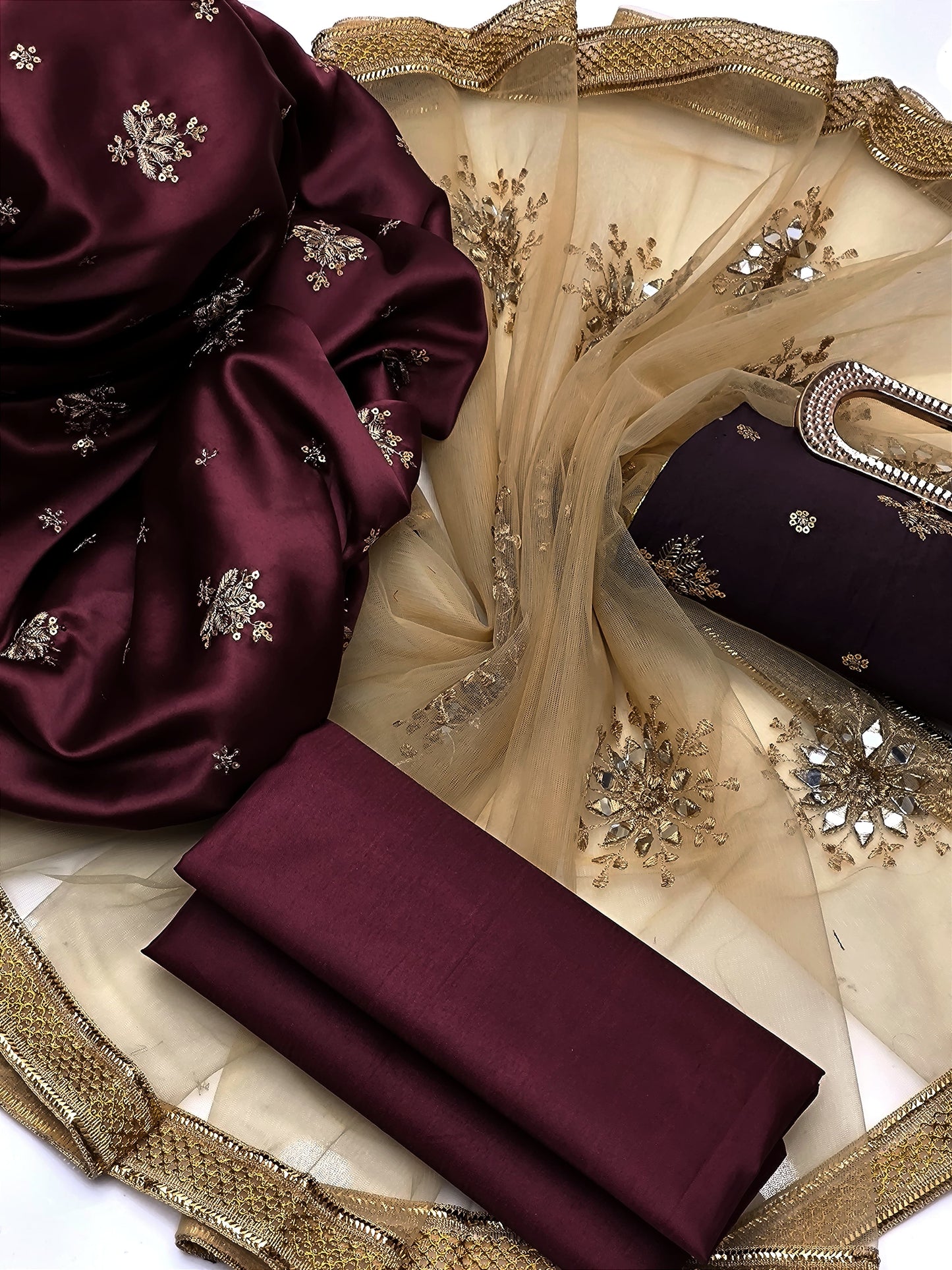 4 PIECE - SHAMOZ SILK EMBROIDERED SHIRT WITH MATCHING CLUTCH.