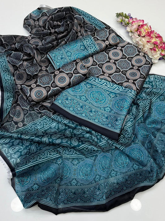 3 PIECE - AJRAK PRINT SILK SUIT (UNSTITCHED)  (Ajwa10896)