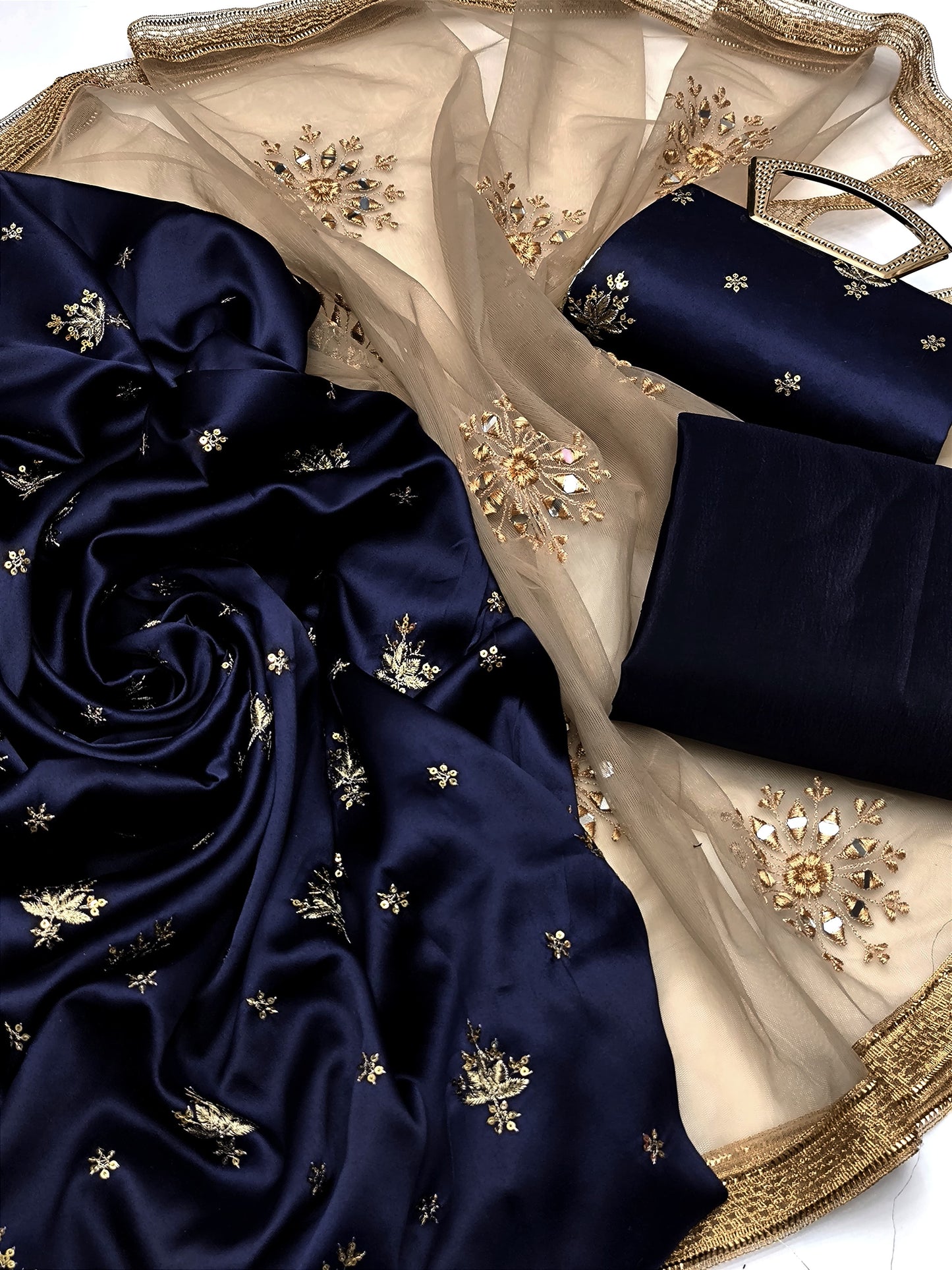 4 PIECE - SHAMOZ SILK EMBROIDERED SHIRT WITH MATCHING CLUTCH.