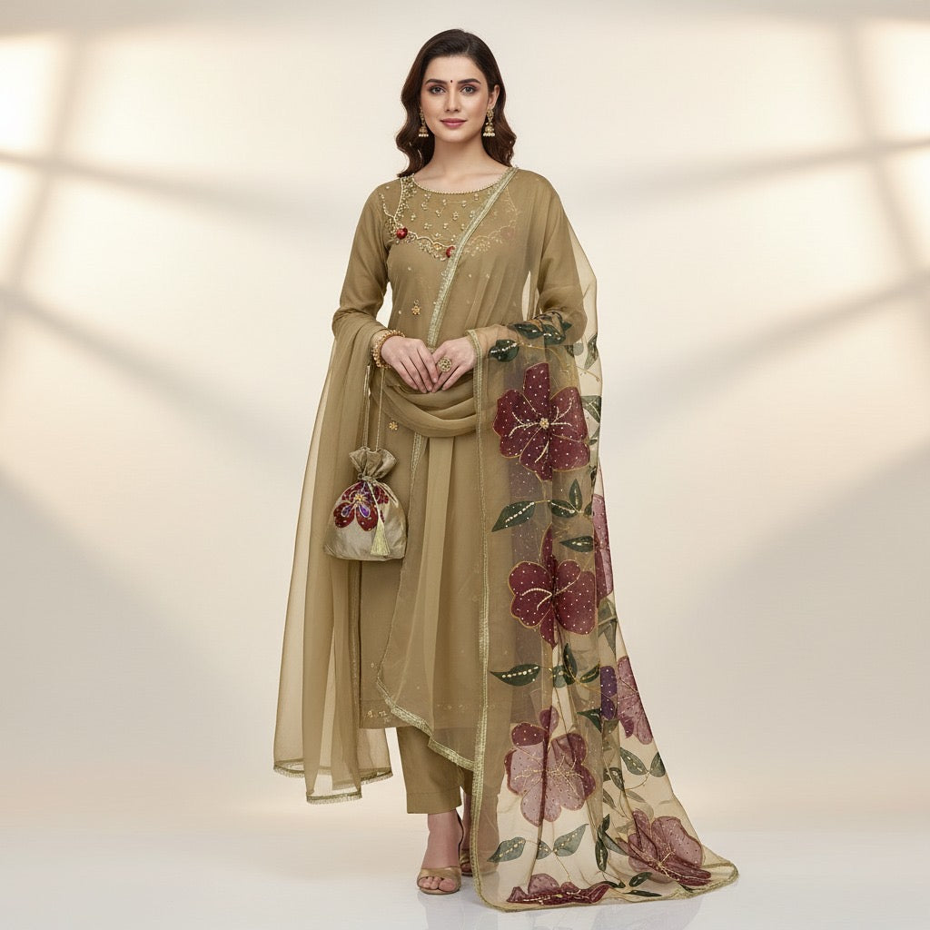 Organza Bursh Paint with zari work 4pc Dress 👗