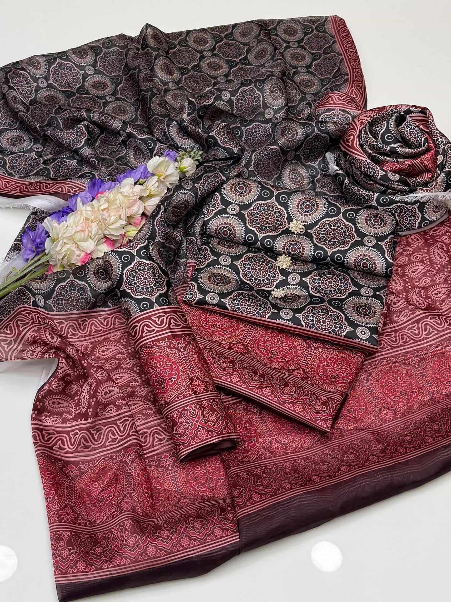 3 PIECE - AJRAK PRINT SILK SUIT