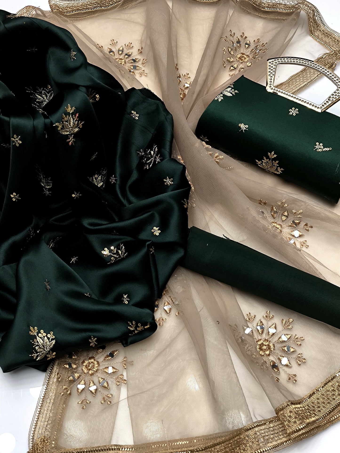 4 PIECE - SHAMOZ SILK EMBROIDERED SHIRT WITH MATCHING CLUTCH.