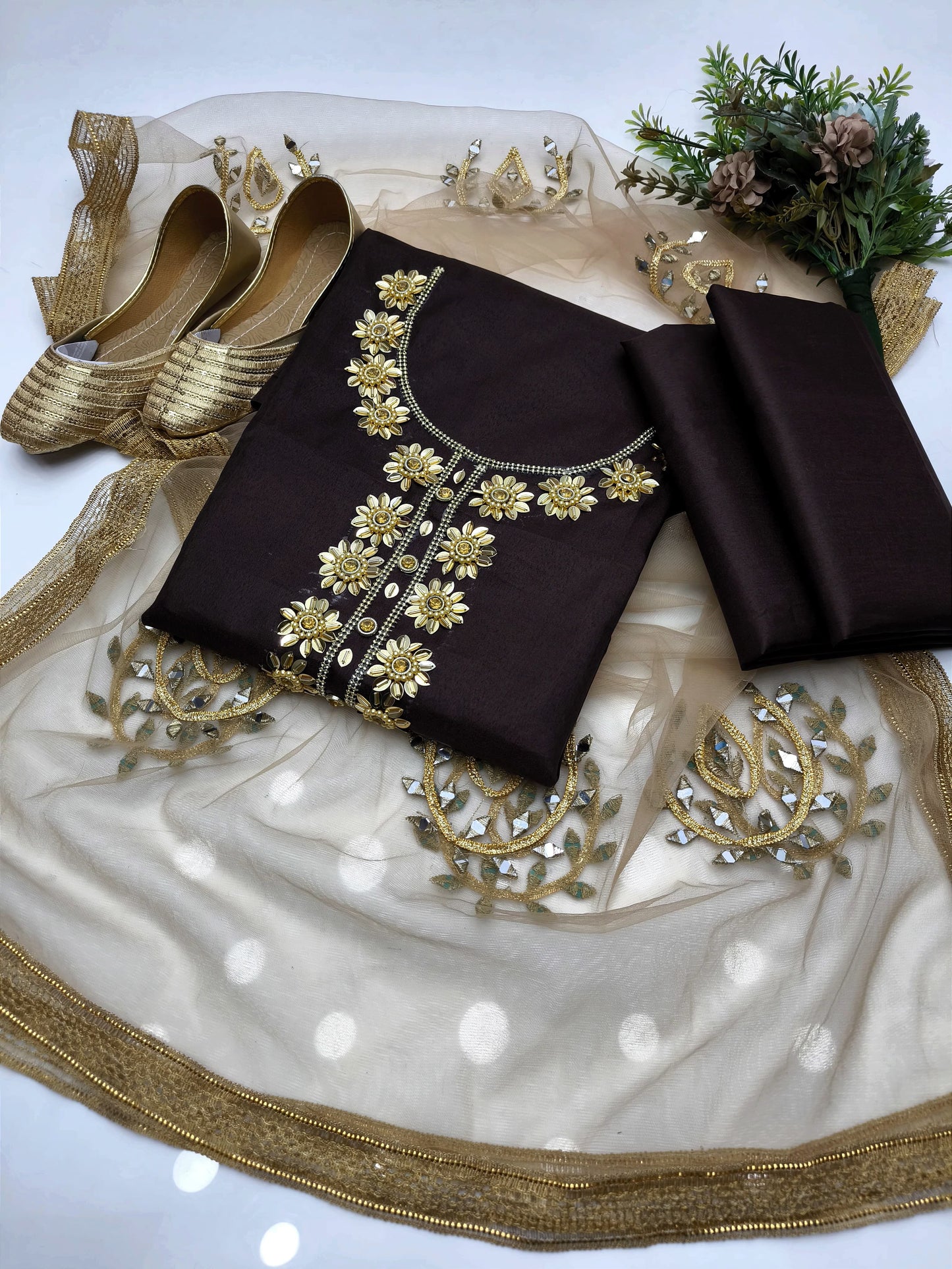 4 PIECE - KATAN SILK BEADS WORK SUIT.