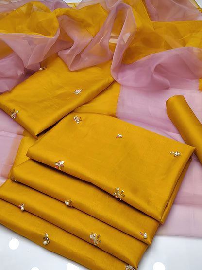 3 PIECE - KATAN SILK HANDWORK SUIT UNSTITCHED (Ajwa10591)