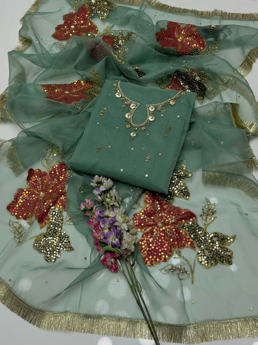 Bursh Paint & beats work on organza 3pc Dress 👗 UNSTITCHED (Ajwa18702)