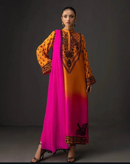 3 PIECE - SHAMZOE SILK DIGITAL PRINT DOUBLE TONE SUIT (UNSTITCHED)  (Ajwa15119)