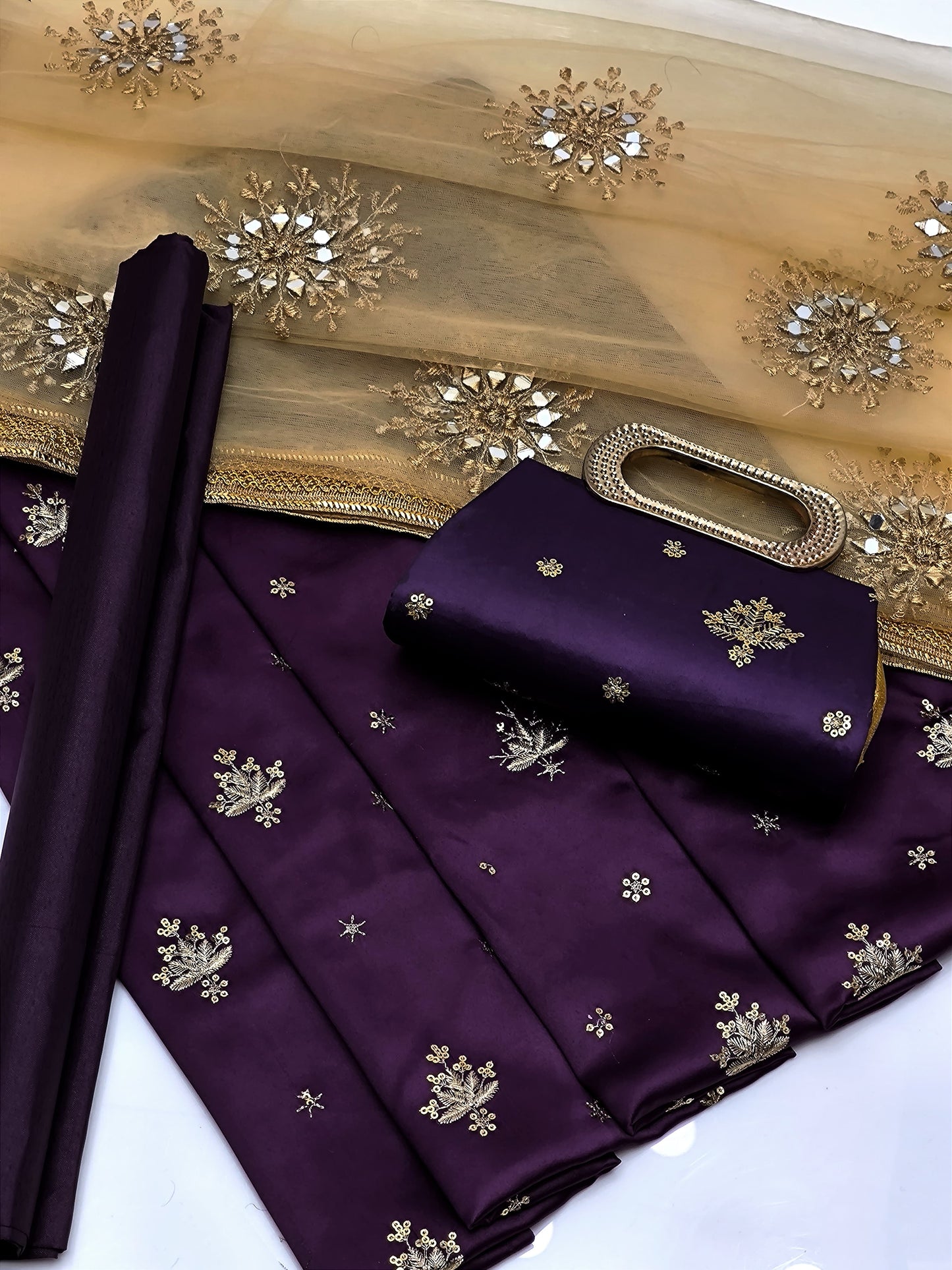 4 PIECE - SHAMOZ SILK EMBROIDERED SHIRT WITH MATCHING CLUTCH.