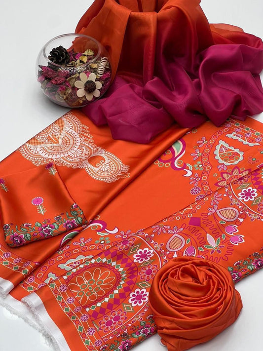 3 PIECE - SHAMOZE SILK DIGITAL PRINT SUIT (UNSTITCHED) (Ajwa17510)