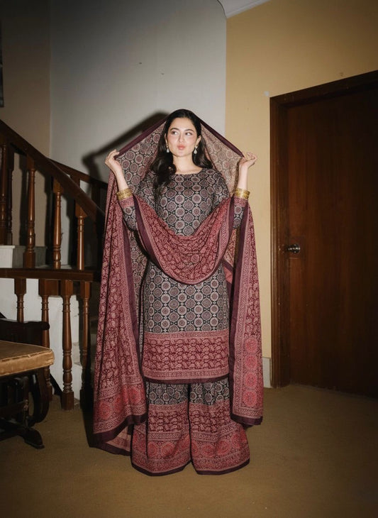3 PIECE - AJRAK PRINT SILK SUIT