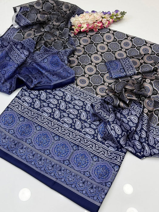 3 PIECE - AJRAK PRINT SILK SUIT (UNSTITCHED) (Ajwa10890)