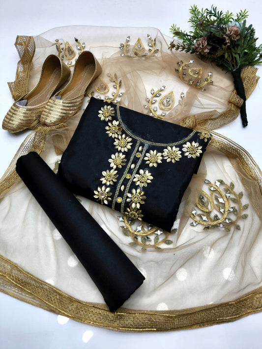 4 PIECE - KATAN SILK BEADS WORK SUIT. (Ajwa15162)