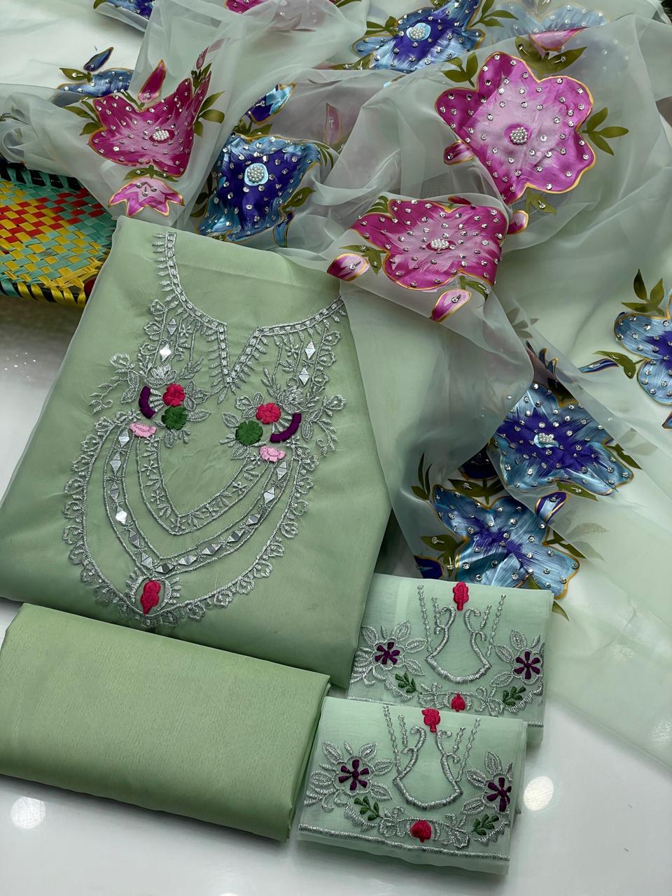 3 piece pure organza mirror & tilla work