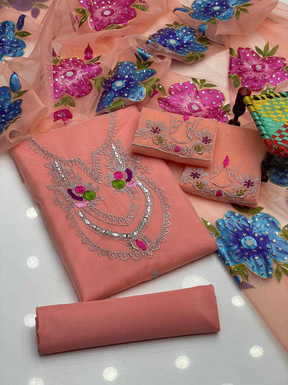 3 piece pure organza mirror & tilla work
