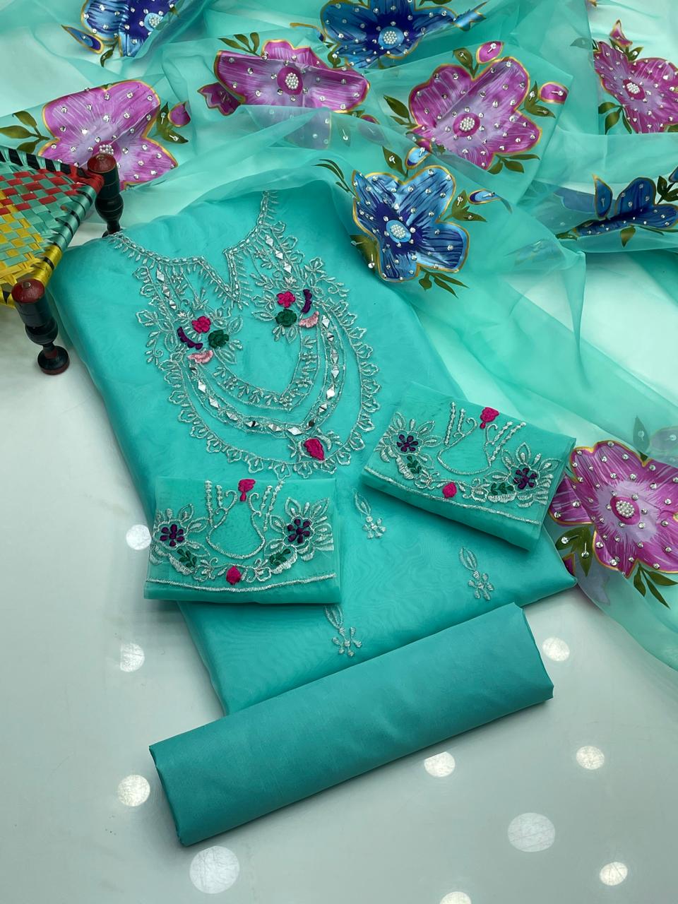 3 piece pure organza mirror & tilla work