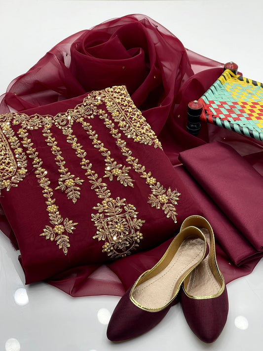 4 Pcs Dress  Handmade Shirt , Kundan Dupatta , Trouser & Khussa