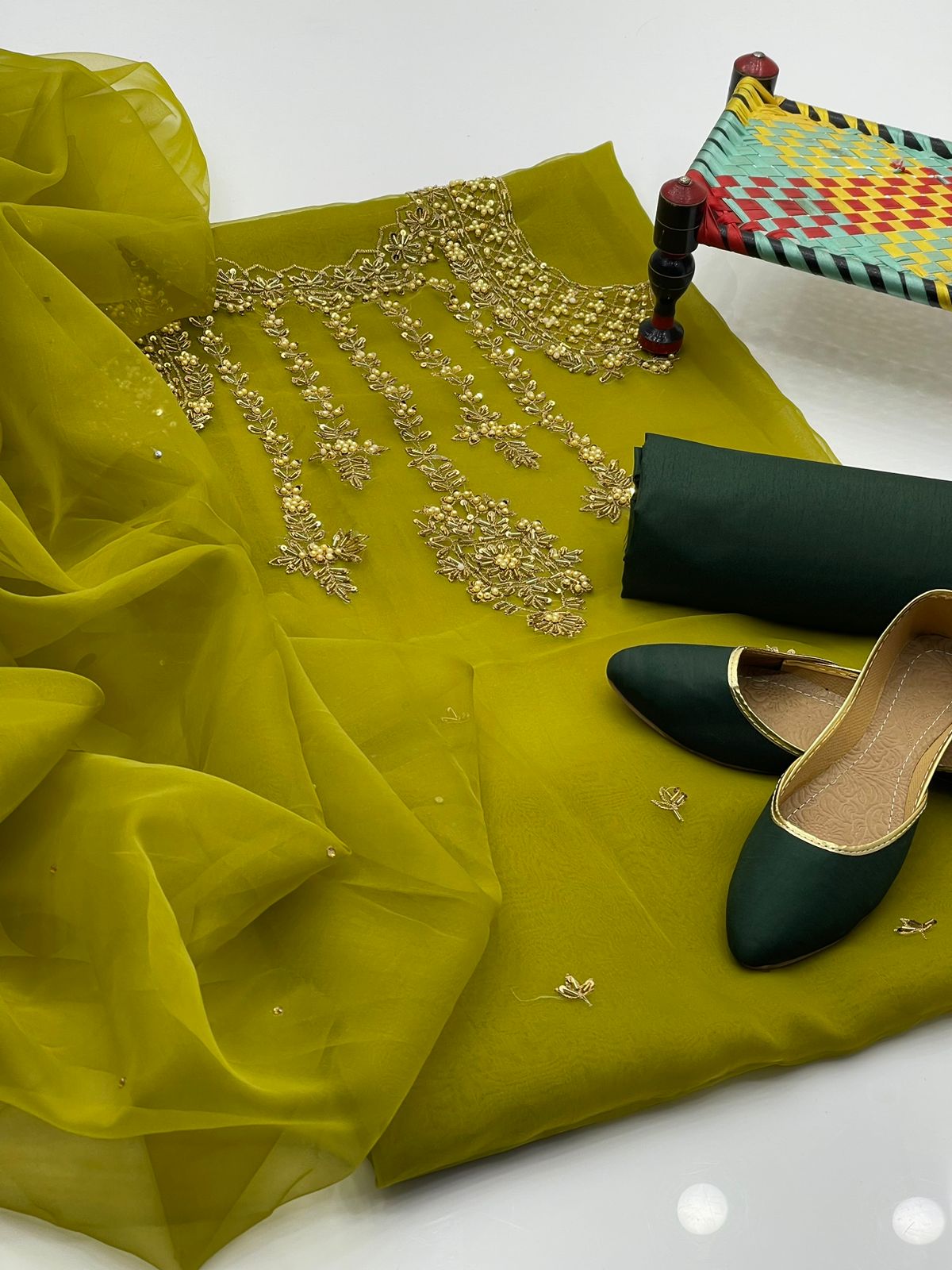4 Pcs Dress  Handmade Shirt , Kundan Dupatta , Trouser & Khussa
