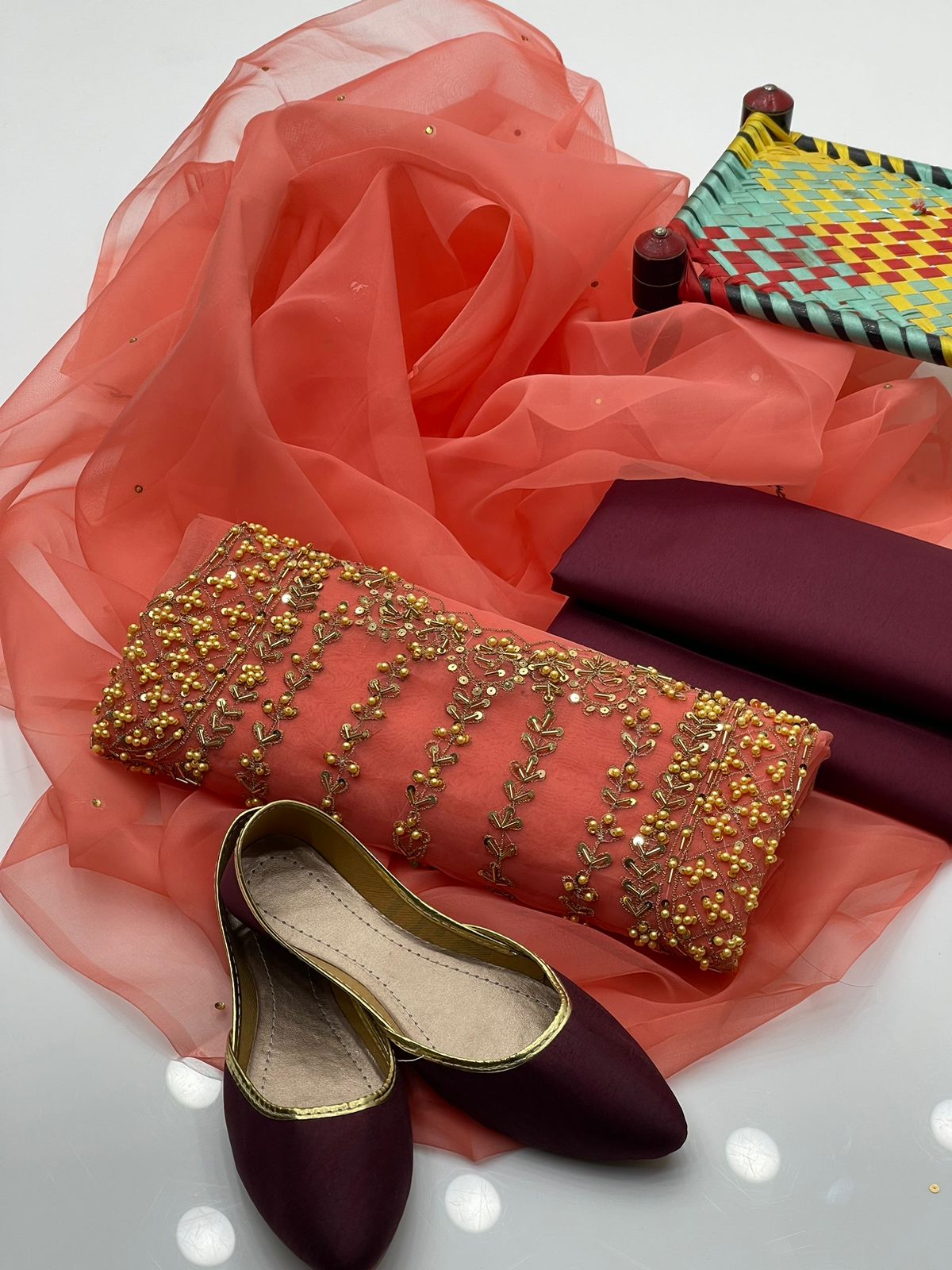 4 Pcs Dress  Handmade Shirt , Kundan Dupatta , Trouser & Khussa