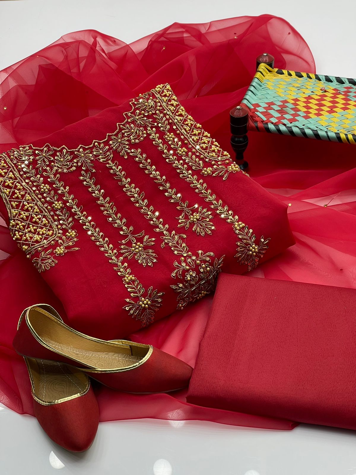 4 Pcs Dress  Handmade Shirt , Kundan Dupatta , Trouser & Khussa
