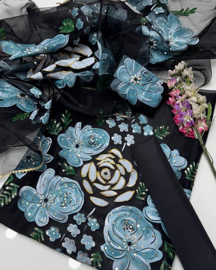 3 Pc Dress Handmade Oil Painted 🎨 With Handwork